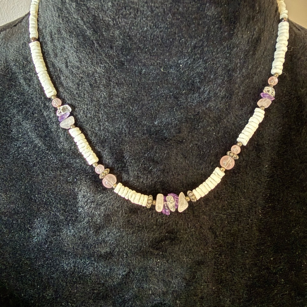Beaded Necklace with Purple, Light pink and Cream Accents - Picture 4 of 4